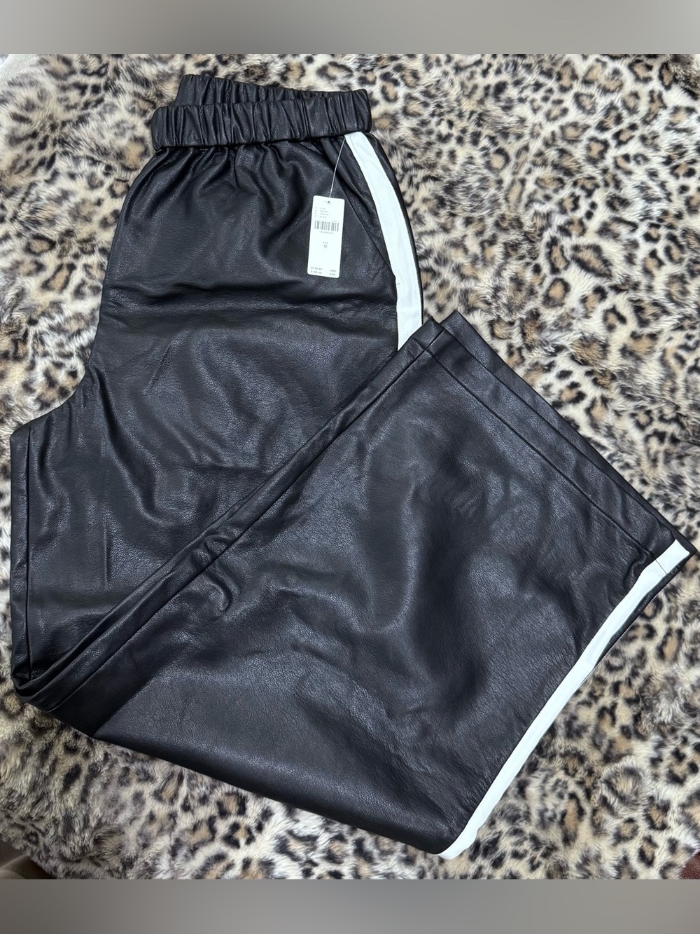 Anthropologie Black Wide-Leg Faux Leather Pants with White Side Stripe